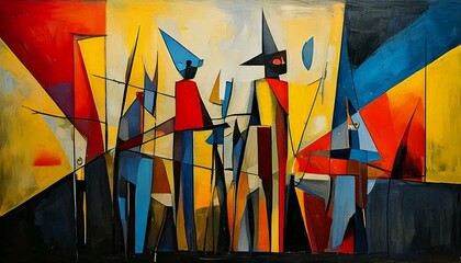 Abstract art work decorative background with cubism style in vibrant colors and geometric shapes