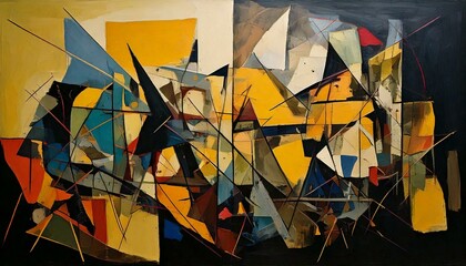 Abstract art work decorative background with cubism style in vibrant colors and geometric shapes