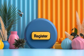 Register and submission concept. Colorful background with a "Register" button and decorative elements