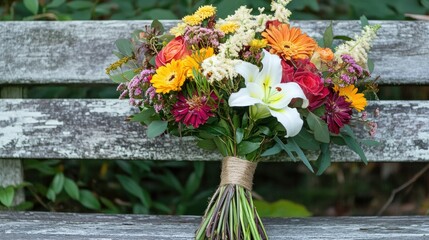 A close-up of a bouquet with lilies, chrysanthemums, and roses, tied with a twine bow on a rustic bench.