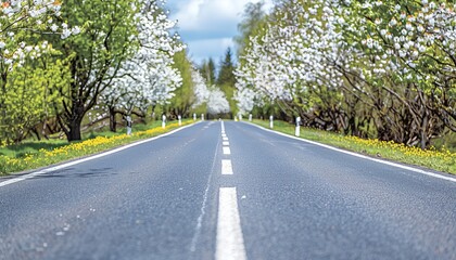 Fototapeta premium Serene springtime countryside road framed by lush, blooming trees in full blossom