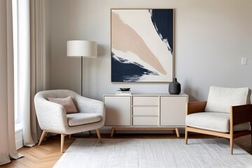 Minimal corner with a stylish textured cabinet, armchair, and painting frame in neutral color tones.
