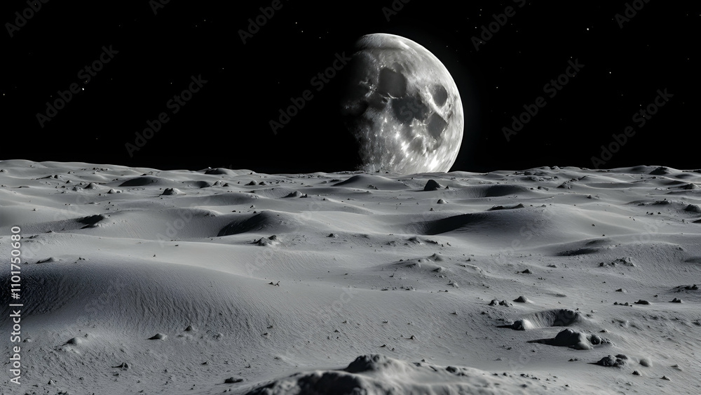 Poster a grayscale image depicts a desolate lunar surface with undulating dunes and scattered rocks, under 