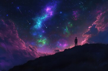 A person standing on top of a hill, gazing at an endless sky filled with vibrant colors and stars, in the style of anime. The color palette consists of purple, green, blue, pink, and black