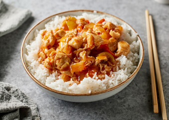 bowl of boiled rice with chicken sweet and sour sauce