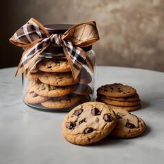 Homemade Chocolate Chip Cookies in a Glass Jar Tied with a Decorative Bow on a Neutral Background - Perfect for Bakery or Gourmet Snack Concept