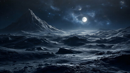 Fototapeta premium A digital painting of an alien landscape at night. A large moon and stars illuminate a desolate, mountainous, snowcovered terrain. The scene is cold and otherworldly.