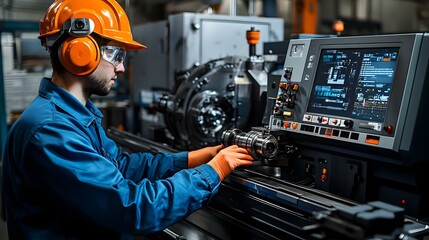 Candid Engineer Operating CNC Machine in Manufacturing Facility with Copy Space for Branding