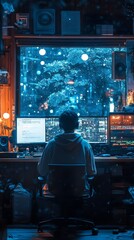 A young Asian male immersed in digital work, surrounded by a cozy, blue-lit room.