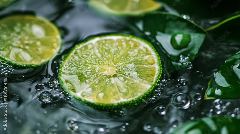 Poster slices of lime are submerged in clear sparkling water, creating bubbles as they interact. fresh gree