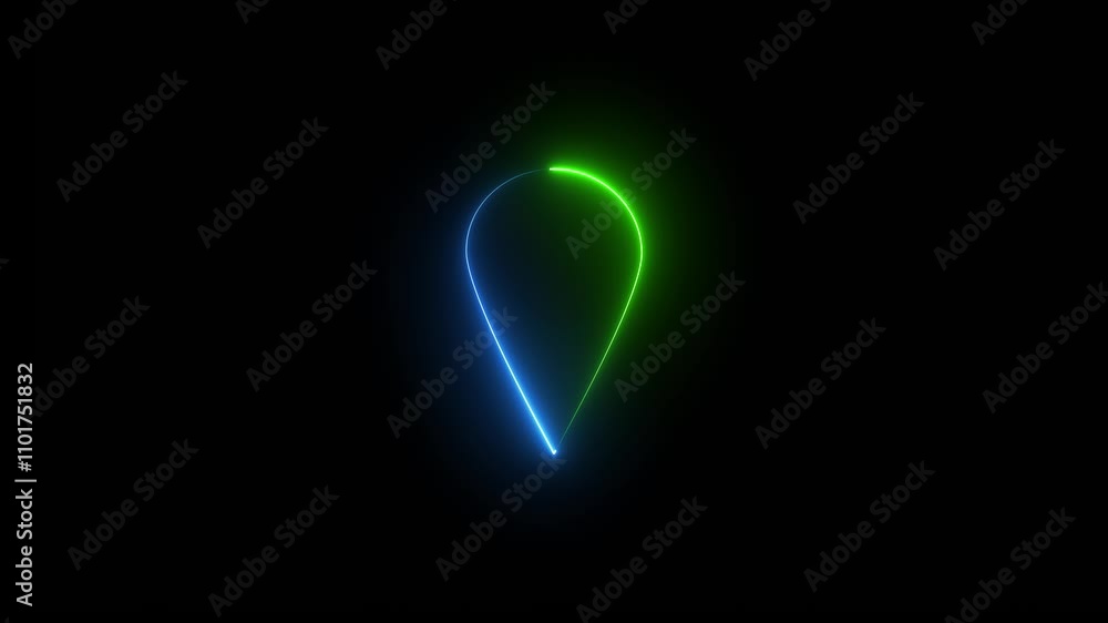 Poster neon location icon and located map pin marker animation on black color background neon line location