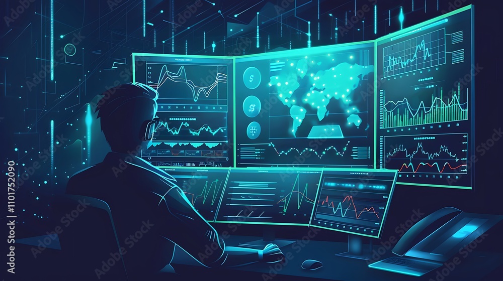 Poster a digital analyst monitors multiple screens displaying data visualizations and financial charts in a