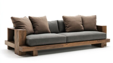 Obraz premium Modern Wooden Sofa with Brown Cushions and Gray Fabric