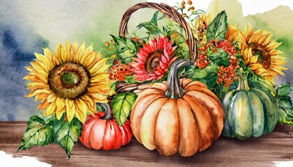 Watercolor illustration of an autumn composition featuring a harvest theme with pumpkins, vibrant sunflower blooms, and seasonal foliage, showcasing warm earthy tones and rustic charm.