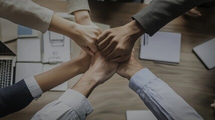 Collaborative Teamwork with Hands Stacked for Unity and Support