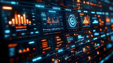 Naklejka premium Shiny Glossy Cloud Analytics Dashboard with Metrics and Digital Overlays
