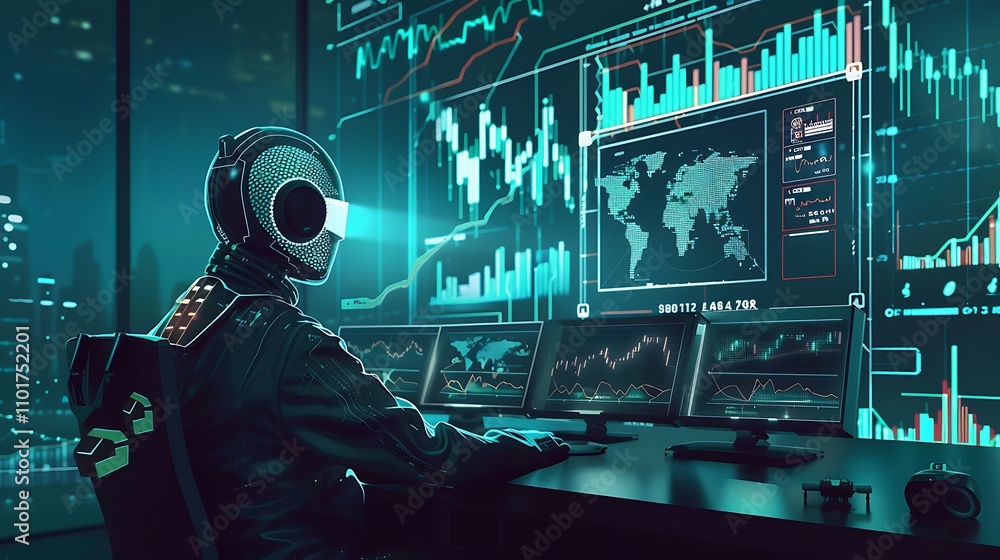 Poster a futuristic figure in a high-tech environment analyzes global data on multiple screens.