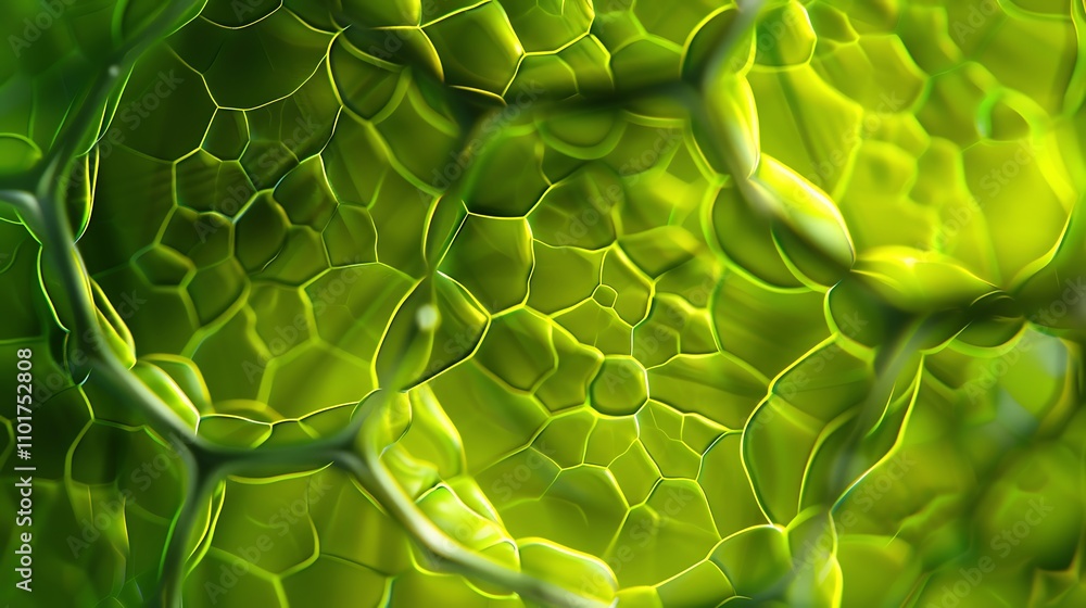 Poster a close-up view of green, cellular structures resembling plant cells, highlighting their intricate p