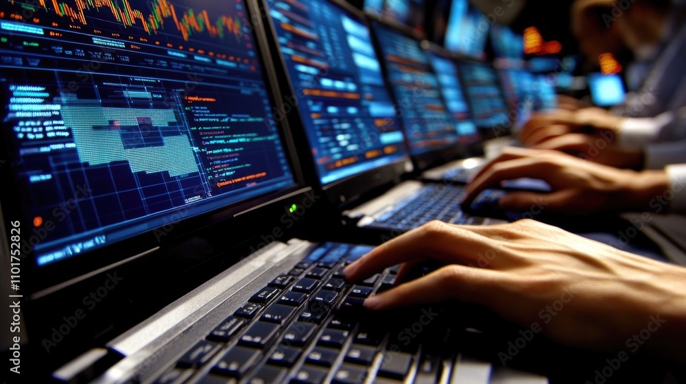 Poster modern trading room with monitors displaying financial data and charts