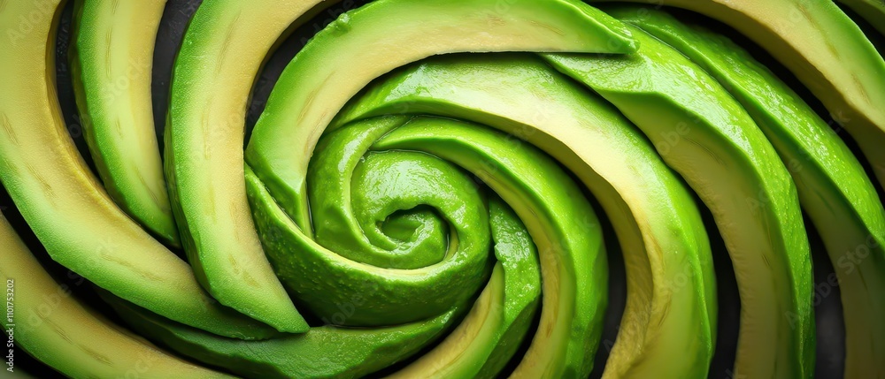 Poster a vibrant spiral of green avocado slices creating a visually striking pattern.