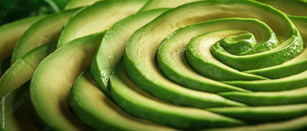 Poster a close-up of beautifully arranged avocado slices, creating a spiral design that highlights the vibr