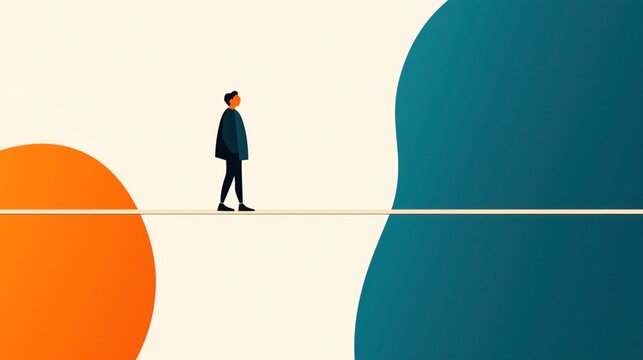 Illustration of a person walking on a narrow path between two large abstract shapes in contrasting colors