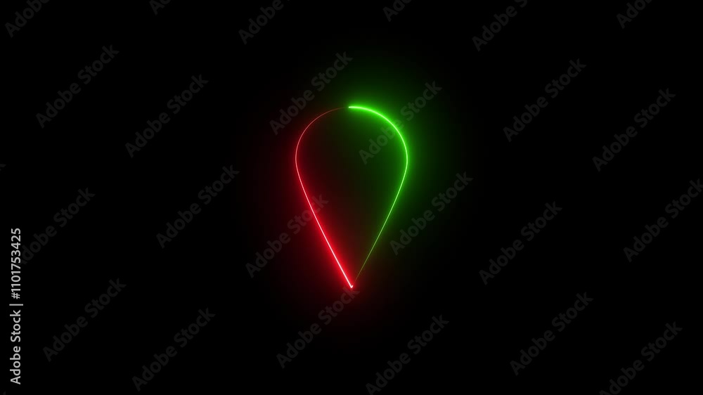 Poster neon location icon and located map pin marker animation on black color background neon line location