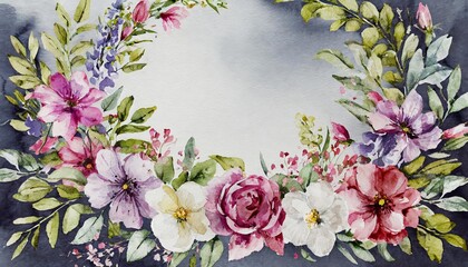 Fototapeta premium Elegant watercolor floral frame with soft pastel flowers, delicate greenery, and artistic brushstrokes, perfect for wedding invitations, greeting cards, digital designs, and elegant decor