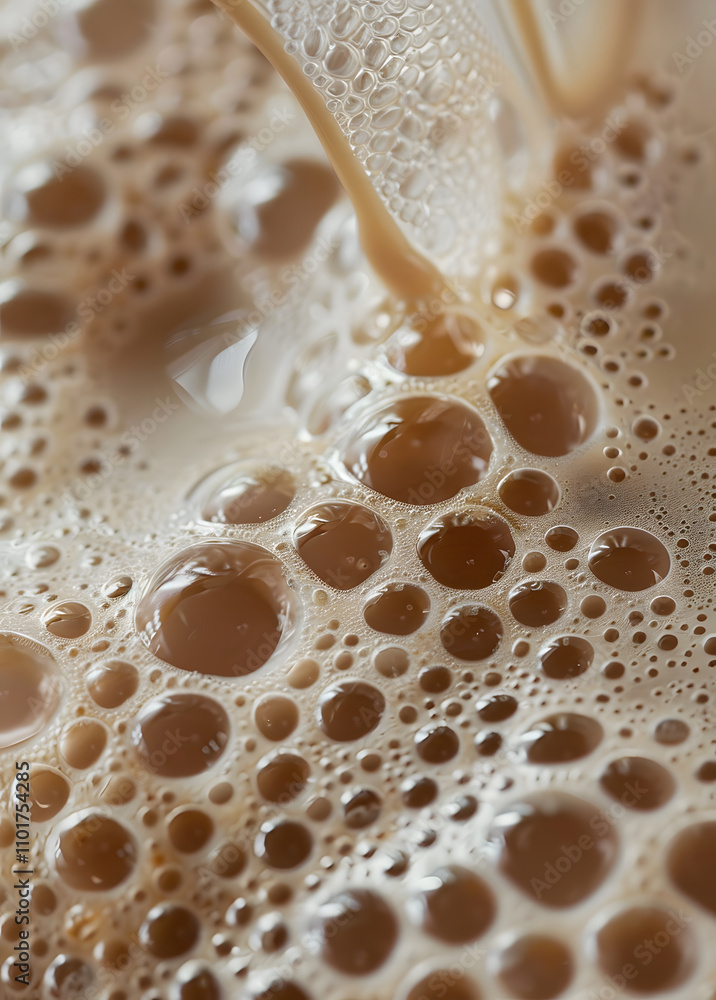 Poster close-up of frothy beverage with bubbles, showcasing texture and color.