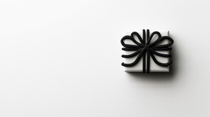 Naklejka premium Minimalist white gift box with a decorative black ribbon bow placed on a clean white background, showcasing elegance and simplicity.