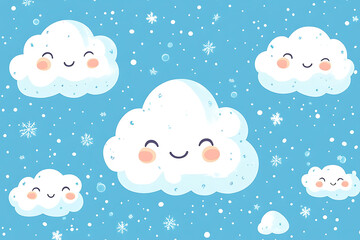 A cheerful pattern of smiling clouds on a blue background with snowflakes.