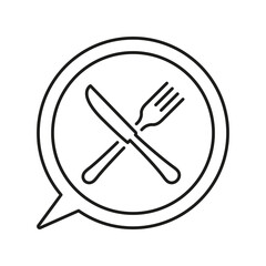 Fork And Knife Line Icon Inside Speech Bubble, Dining And Meal Discussions Concept. Conversations About Culinary And Nutrition Design. Isolated Vector Illustration