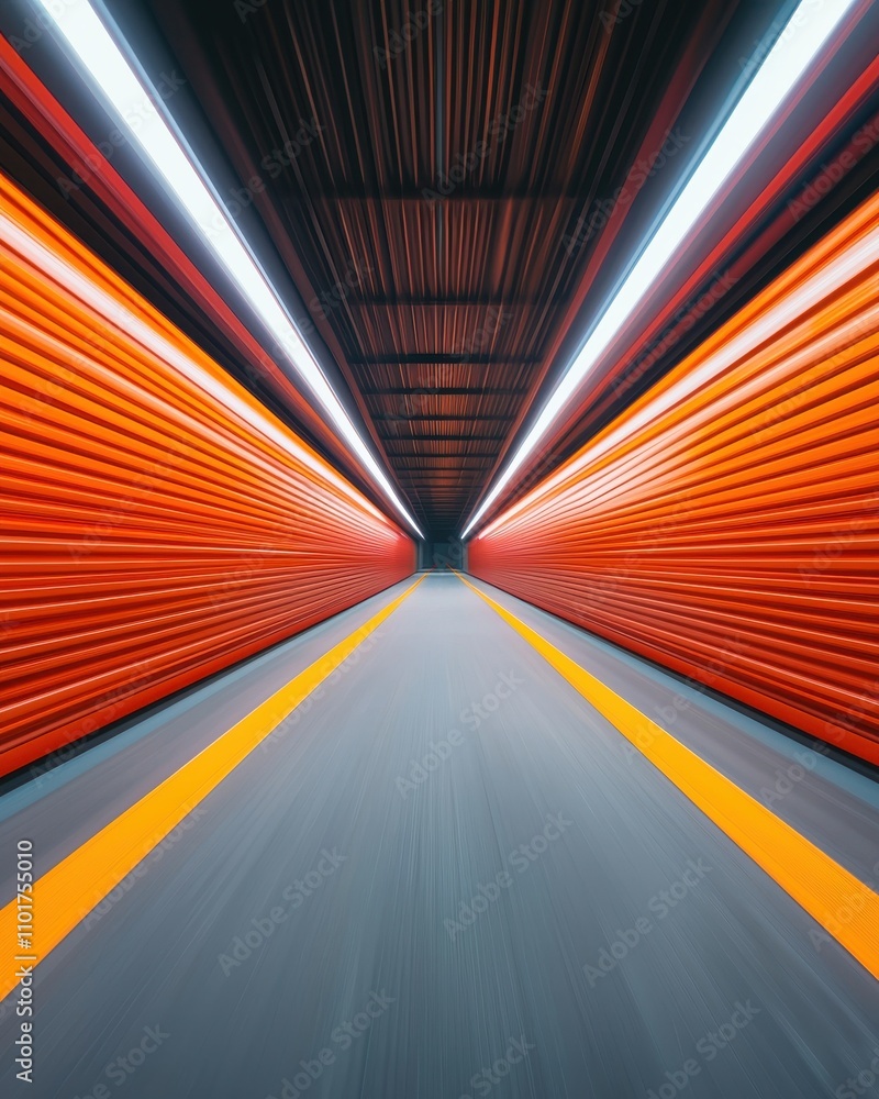 Poster a vibrant, perspective view of a tunnel with orange walls and bright lights, creating a dynamic and 