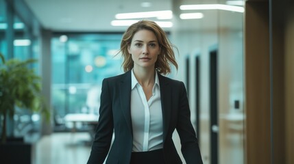 Confident Businesswoman Walking Modern Office Corridor, Professional