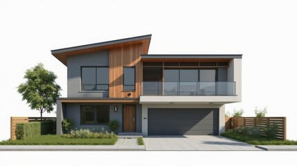 Modern Two-Story House With Gray and Wood Accents Featuring Large Windows and Parking Space. Generative AI