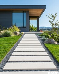A modern pathway leads to a sleek home, surrounded by lush greenery and decorative stones, showcasing a blend of nature and contemporary design.