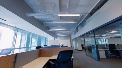  low angle wide shot of the inside of an office