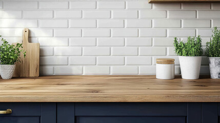 A modern kitchen scene featuring a wooden countertop, white tiled backsplash, and potted herbs, creating a fresh and inviting atmosphere.