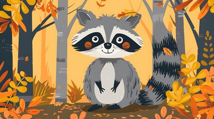 A cheerful raccoon illustration on a solid forest background