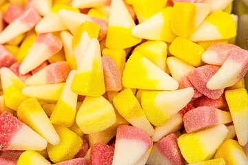 Assorted colorful gummy jelly candies. Top view. Jelly sweets.