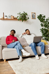 A happy couple enjoys quality time together in their cozy winter living room, deeply connected.