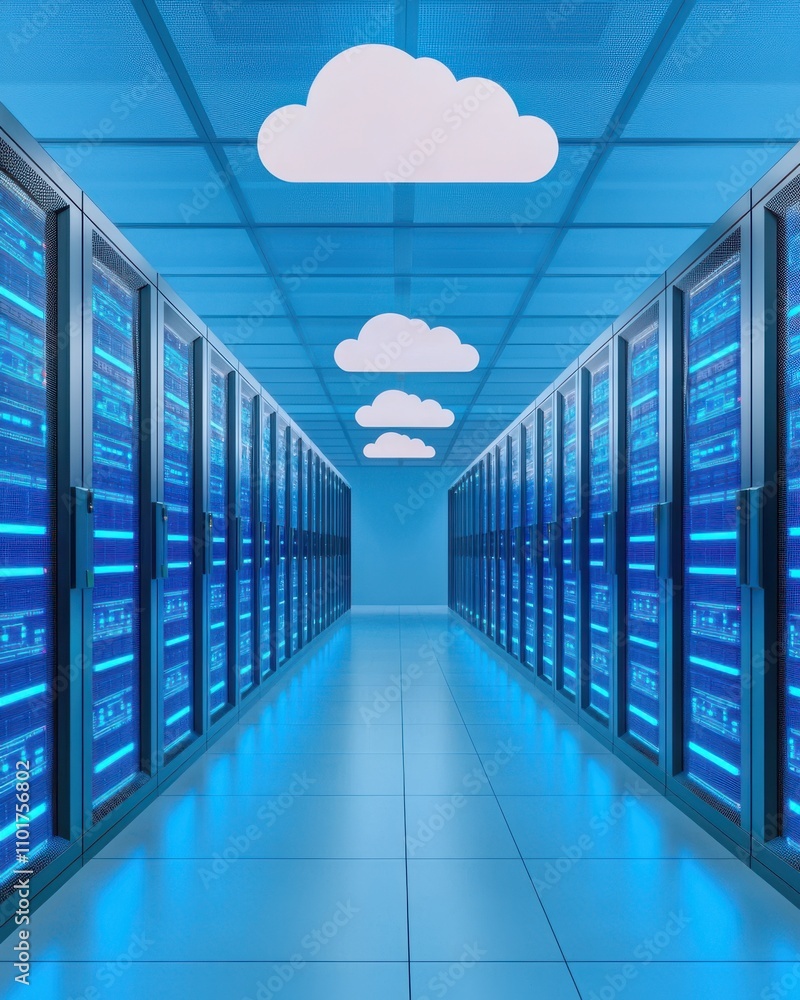 Poster a modern data center features rows of servers illuminated by blue lights, with cloud shapes adorning