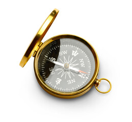 Golden vintage compass isolated on white
