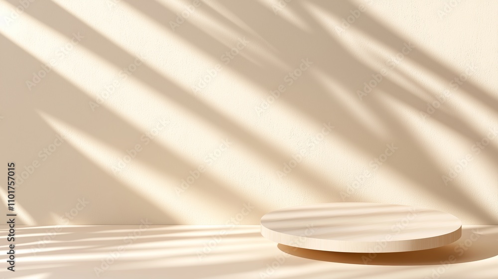 Poster soft shadows dance on a minimalist surface in warm light from an unseen source in a calm indoor sett