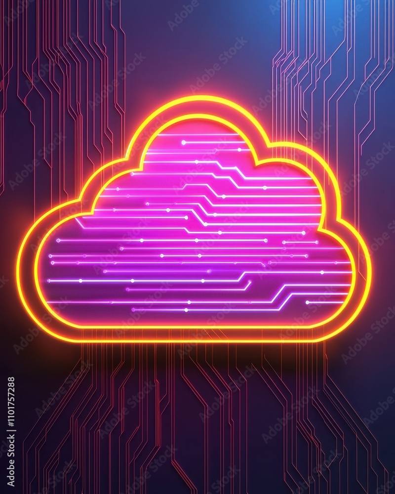 Poster a vibrant cloud icon with neon colors and circuit patterns, symbolizing technology and digital conne