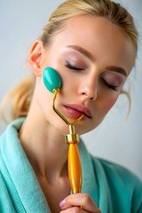 Close Up Portrait Woman Jade Roller Skincare Spa Wellness Retreats Candid Moments Beauty