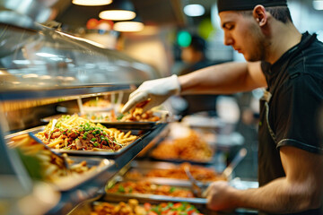 Generative AI Image of a Smiling Fast Food Worker Serving Burgers and Fries in a Cafeteria Setting