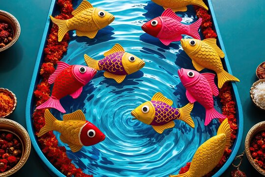 Colorful Fish Swimming in Lively Water Stream for Diwali Festival Celebrations