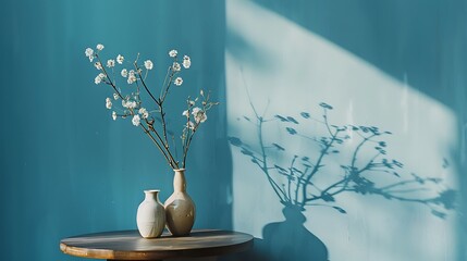 A chic side table with decorative elements against a solid blue wall