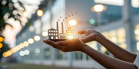 Hands Cradling Glowing Factory Model with Bokeh Background for Industrial Innovation